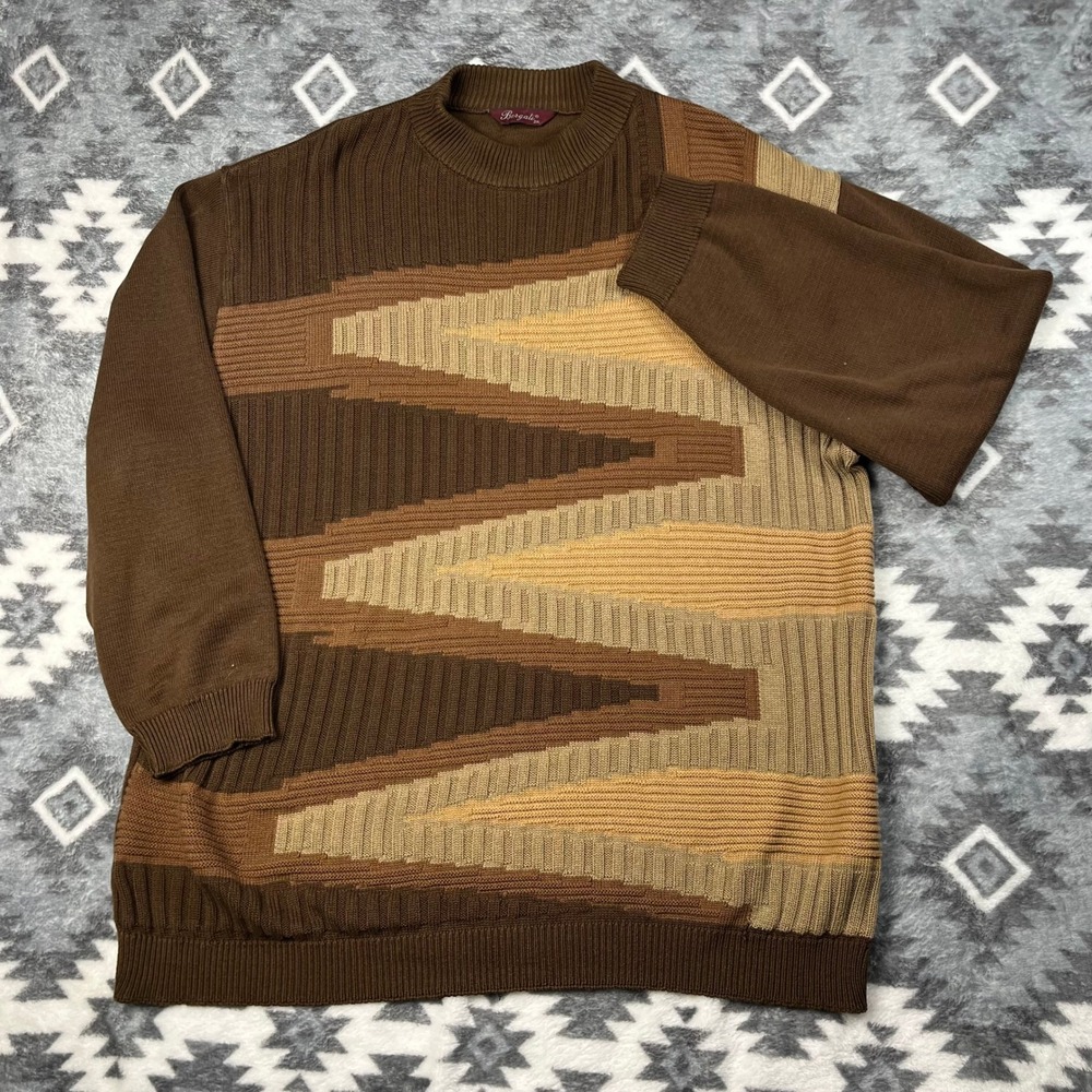 Vintage Bergati Mens 3XL Brown Textured Knit Grandpa Sweater Baggy Coogi Style